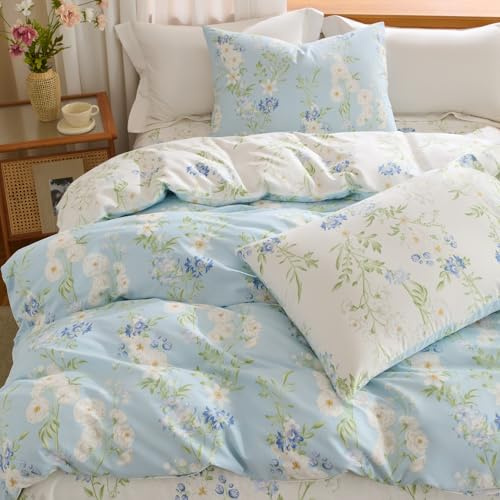 Sedefen Bettwäsche 135x200 Baumwolle Blumen Grün Weiß Wendebettwäsche | Renforce,Oeko-TEX zertifizierte,Aesthetic Bettwäsche für Allergiker,Bettbezug mit Reißverschluss 1 Kissenbezug 80x80