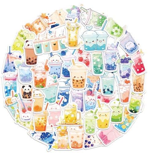 NQEUEPN 50 Pcs Kawaii Boba Tea Stickers, Cute Small Drink Stickers | Aesthetic Waterproof Milk Tea Decals for Water Bottles Laptop Luggage Guitar Journal Skateboard Scrapbook Decor Party Supply