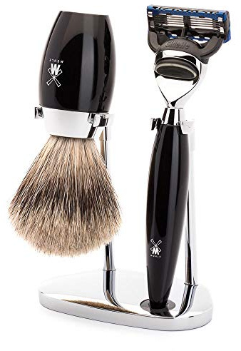 MÜHLE Kosmo Rasierset - Dachshaar-Rasierpinsel, Rasierer kompatibel mit Gillette-Klingen, Halter, schwarze Edelharz-Griffe