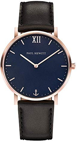 PAUL HEWITT Damenuhr Quarz Sailor Blue Lagoon – Roségold Gehäuse, Marineblaues Zifferblatt, Schwarzes Lederarmband, Elegant und Zeitlos, 39mm Gehäuse
