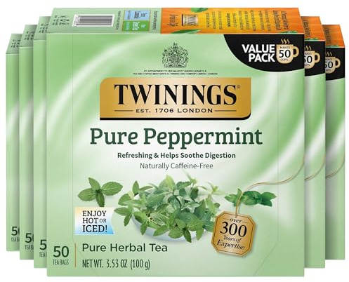 Twinings Pure Peppermint Herbal Tea Individually Wrapped Bags, 50 Count (Pack of 6), Fresh Minty Flavour, Naturally Caffeine-Free, Enjoy Hot or Iced, 300 Teabags