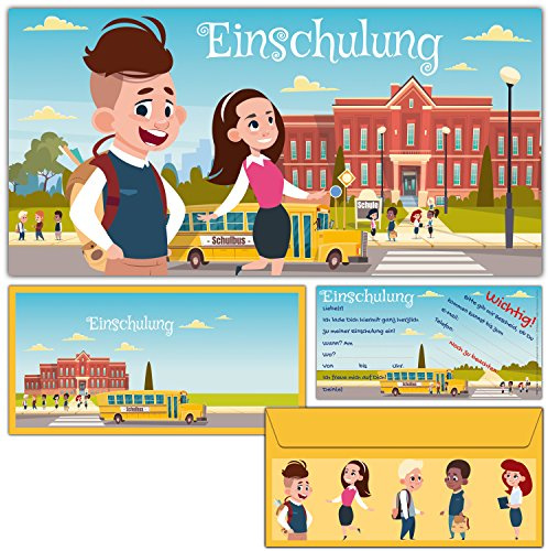 BREITENWERK 12er Karten-Set Einschulung Einladungskarten inklusive Umschläge - Einladungen zum Schulanfang Schulbeginn Schuleingang für Kinder