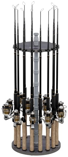 Rush Creek Creations 16-Rod Round Fishing Rod Holder for Garage, 360° Access Fishing Pole Holder for Fishing Rods, Reels, and Gear, Securely Holds 16 Rods, Barnwood