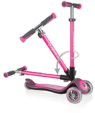 Globber Elite Deluxe Lights – Tretroller Kinder, 120/80 mm, ABEC 5, 3-rädrig, höhenverstellbar, LED-Rollen, Pink