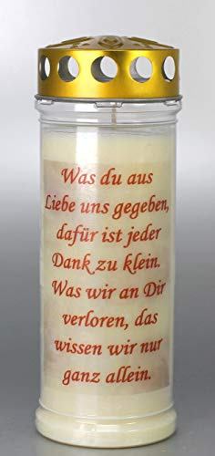 Grabkerze mit Spruch, (21x7,5 cm) Grablicht mit 7 Tage Brenndauer (3918), Wetterfestes Trauerlicht mit Deckel, Hochwertige Trauerkerze, Edle Gedenkkerze aus Deutschland