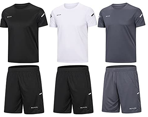 BUYJYA Herren-Trainingskleidung, athletische Shorts und Shirt-Set, 3er-Pack, für Basketball, Fußball, Training, Laufen, Fitnessstudio