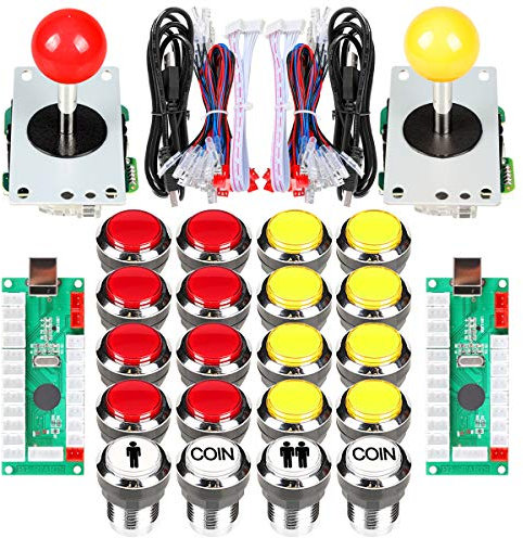 Fosiya 2 Player Arcade Joystick LED Chrome Push Buttons for PC MAME Raspberry Pi Video Games Arcade Cabinet Parts (Red - Yellow Kit)
