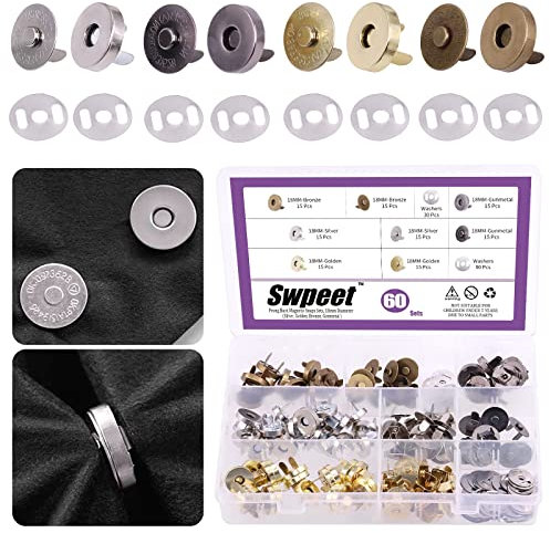 Swpeet 60 Sets magnetische Knopfverschlüsse, 18 mm, Metall-Verschlüsse, Gold, Silber, Bronze, Schwarz, DIY, Basteln, Nähen, Stricken, Sets zum Nähen, Geldbörsen, Taschen, Kleidung, Leder