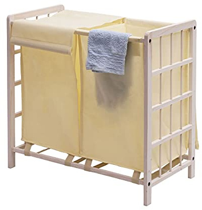 Wäschesammler HWC-B60AM, Laundry Wäschebox Wäschekorb, Massiv-Holz 2 Fächer 60x60x33cm 68l - shabby weiß, Bezug creme