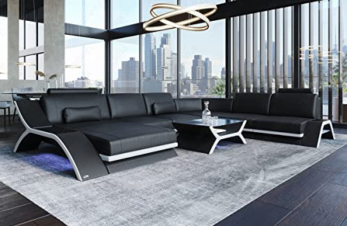 Ledersofa Calabria XXL Sofa Wohnlandschaft in Leder mit Kopfstützen USB Beleuchtung integrierter Steckdosen U Form Designersofa Couch (Ottomane Links, Schwarz-Weiß)