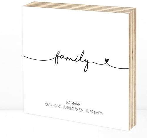 Wunderpixel® Holzbild Family - personalisiert mit Namen - 15x15x2cm zum Hinstellen/Aufhängen, echter Fotodruck auf Holz - schwarz-weißes Wand-Bild Aufsteller Zuhause Dekoration Geschenk-Idee Familie