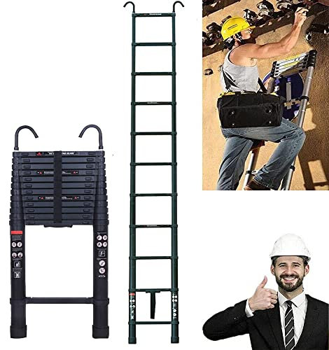 Teleskopleiter Aluminiumleiter 3,2m mit 2 Haken, Rutschfesten Ausziehbare Leiter Anlegeleiter Mehrzweckleiter, 150kg Tragkraft, EN131,Schwarz