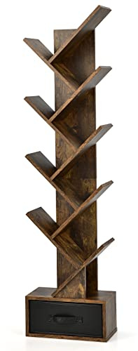 GYMAX Libreria ad Albero in Legno, Scaffale per Libri a 10 Ripiani, Cassetto Pieghevole Rimovibile e Base Cava, Organizer per Salone Ufficio Camera da Letto (Marrone, 38 x 20 x 149,5 cm)