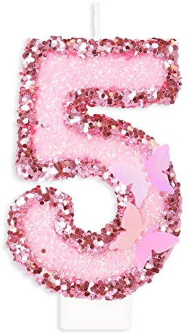 Geburtstagskerzen Zahlen 5, Schmetterling Kerzen Geburtstag, Personalisierte Geburtstagskerzen Kinder, Rosa Tortendeko 5 Geburtstag, Glitzernde Kuchendeko für KinderGeburtstags, Erwachsenen-Jubiläum