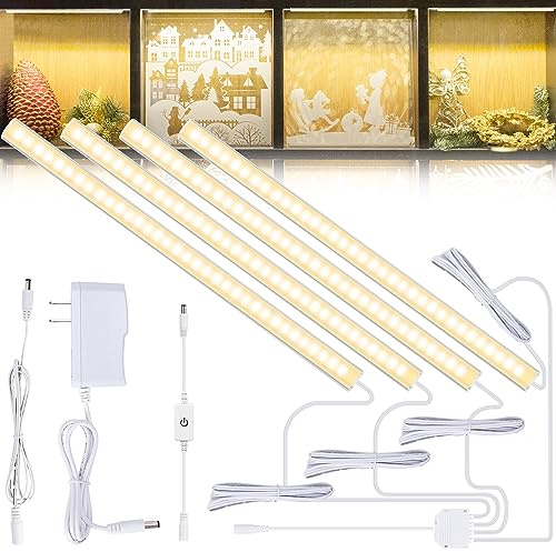 JUSJUBR 4PCS x 12inch Display Cabinet Lights Warm White, Dimmable LED Shelf Lighting with Memory Function, Bookshelf Lighting, LED Lights for Display Case/Pantry/Closet/Safe, 3000K