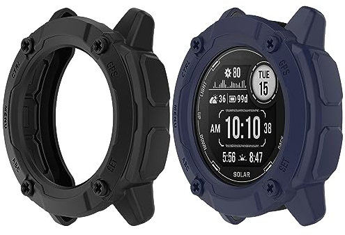 HUAYUWA Weiche TPU-Schutzhülle (schwarz + blau), kompatibel mit Garmin Instinct 2 x Solar-Smartwatch-Schutzhülle, 50 mm, für Instinct 2 x Solaruhren-Zubehör, 2 Stück