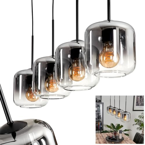 HOFSTEIN Hängeleuchte Lauden, 4-flammige Hängelampe aus Metall/Glas in Schwarz/Rauchfarben/Klar, moderne Pendelleuchte im Retro/Vintage-Design, Ø Schirme 15 cm, E27, Esszimmer, Küche, Wohnzimmer