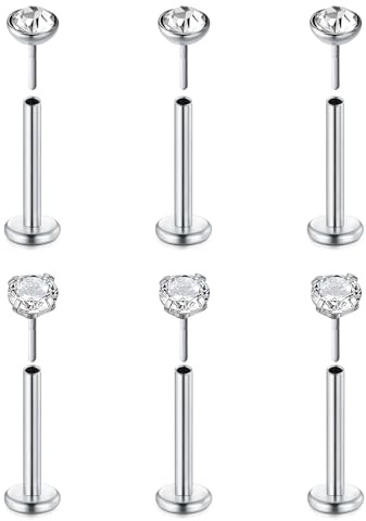 FECTAS 6pcs Threadless Push-In Knorpel Tragus Helix Piercing Schmuck Flat Back Stud Ohrringe Edelstahl 16G 6mm 8mm 10mm Lip Bars Labret Stud Lip Ohr Medusa Piercing 2mm 3mm 4mm CZ