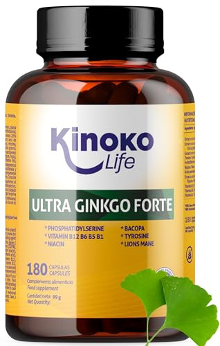Ginkgo Biloba Forte 180 Capsule con Bacopa, Fosfatidilserina, Criniera di Leone, Tirosina, Niacina e Vitamine B Complex per Memoria e Concentrazione.