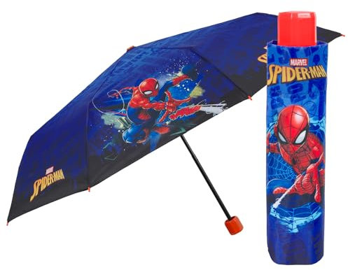 PERLETTI Spiderman Regenschirm Taschenschirm Jungen - Marvel Kinderregenschirm Spider Man - Klein Kinder Schirm Kompakt Windfest Manuell - Umbrella Grundschule 7+ Jahren - Durchmesser 91 cm (Blau)