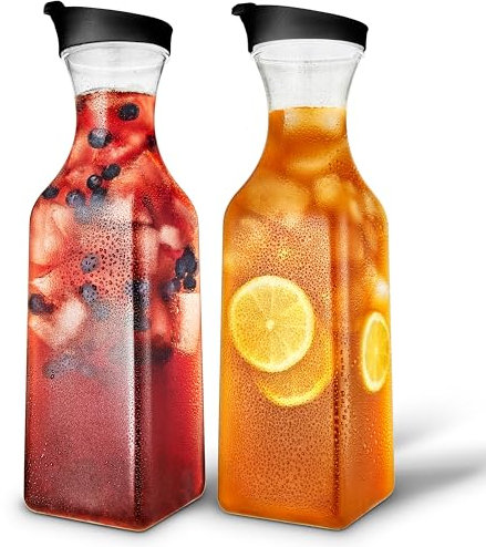 50oz Plastic Juice Carafe with Black Lids (2 Pack) 50 oz Carafes for Mimosa Bar, Drink Pitcher with Lid, Milk Container, Clear Beverage Containers for Fridge, Pantry Storage, Square Pitchers