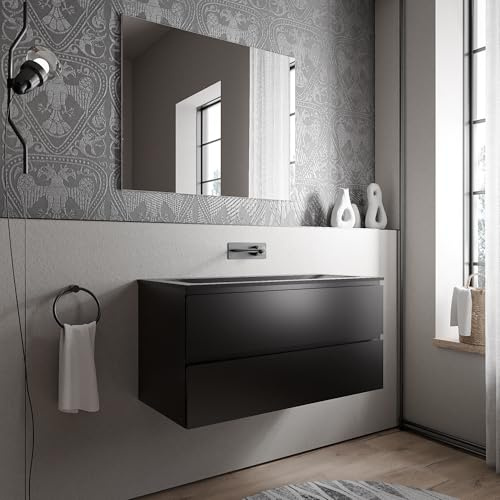 BERNSTEIN Badmöbel-Set Ava 100cm bestehend aus Mineralguss-Waschbecken mit Unterschrank in Schwarz matt, Waschtisch BRUXELLES - Schwarz matt ohne Hahnloch, Ideal für mittelgroße Bäder und Badezimmer