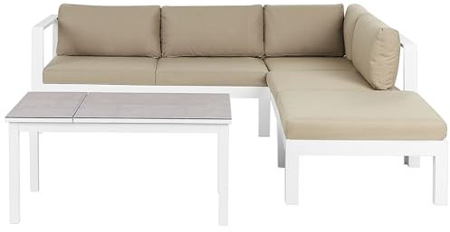 Beliani Lounge Set weiß Aluminium Ecksofa mit Auflagen sandbeige Tisch Ottomane Messina