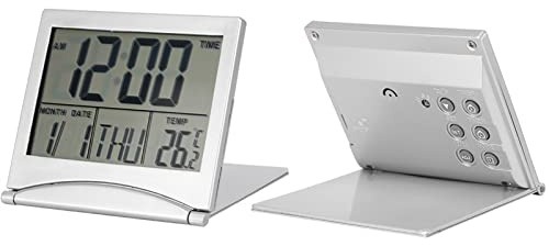 Travel Clock, Digital Clock Battery Operated Alarm Clock Portable Large Number Display Clock LCD Clock with Foldable Calendar Temperature Timer Snooze Mode for All Ages