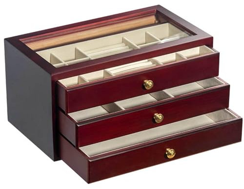Jewelry Box Drawer Jewelry Holder Organizer Glass Top Wooden Jewelry Holder Box Clear Display Jewelry Storage Box for Ring Necklace Bracelet Bangle Watch,Wine Red-2 Layers