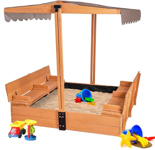 Sandbox with Cover,Kids Wooden Sand Box with Covers Foldable Beench Seats,Sand Boxes for Backyard Garden, Beach Patio Outdoor