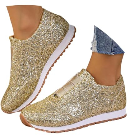Generisch Glitzer Schuhe Damen Elegant Turnschuhe Festliche Sneaker Pailletten Silvester Brautschuhe Flach Glänzend Party Laufschuhe Karneval Rave Stiefeletten Damenschuhe