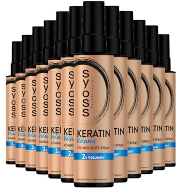 Syoss Keratin Volume Föhnschutz-Spray (12x 200 ml), Hitzeschutz bis zu 230 °C, Anti-Platt-Volumen-Effekt vom Ansatz an