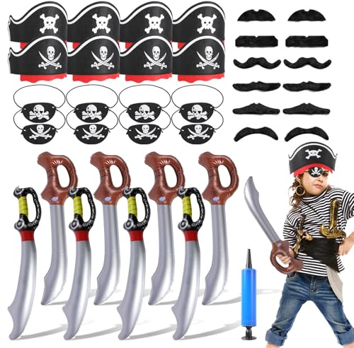 VINEST 36 Stück Piraten Deko Kindergeburtstag Piraten Kindergeburtstag | Pirat Deko mit Piratenhut Kinder, Augenklappe Pirat, Schnurrbart und Aufblasbares Zubehör, für Geburtstag Halloween Maskerade