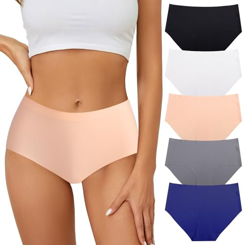 Risipu 5 Pack Seamless No Show Underwear,Comfort Breathable High Waisted Womens Panties Stretch Invisible Bikini Briefs Ladies Panty (UK, Alpha, S, Regular, Regular, Multicolor 1)