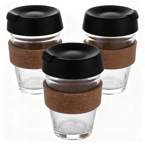 LDHHYH 3Pack Reusable Glass Coffee Cup, 350ml Glasses Travel Mug with Lid, Glass Coffee Travel Mug, Heat Resistant Glasses Cup for Home, Office, Cafés, Black, 12oz