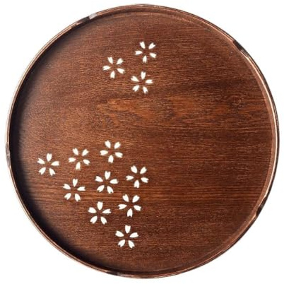 Plateau de Service en Bois rétro - Design Rond Creux pour Le thé, la Maison et Les Fruits - Plateau de Service Alimentaire idéal pour Les fêtes, Les rassemblements et l'utilisation Quotidienne
