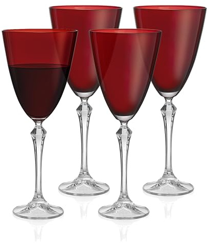 Barski Wine Glass - Set of 4 - Ruby (Red) Colored Cup - for Water - White or Red Wine - 9 fl. Oz. - Clear Stem - Glasses - Made in Europe