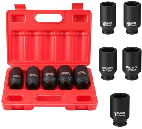 Gueenky 5 Piezas Llaves de Vaso Impacto 1/2'', 30/32/34/35/36 mm Vasos de Impacto Largos para Reparaciones de Automóviles y Cambio de Neumáticos