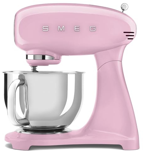 Smeg, SMF05PKEU Planetaria Full Color Knetmaschine, 10 Geschwindigkeitsstufen, Smooth Start und Steady Mix, Schüssel 4,8 l, Motorblock, 3 Schneebesen und Knethaken, 800 W, Rosa