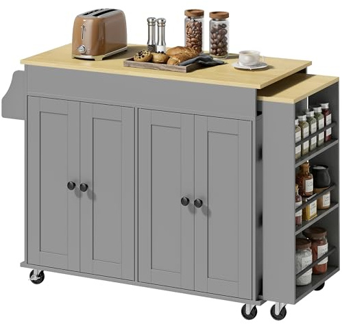 HOMCOM Isla de Cocina con Ruedas, Encimera Extensible, 4 Puertas, Gris | Carro de Cocina, Estantes Ajustables, Estantería Lateral Abierta, Especiero, Soporte para Toallas, para Comedor