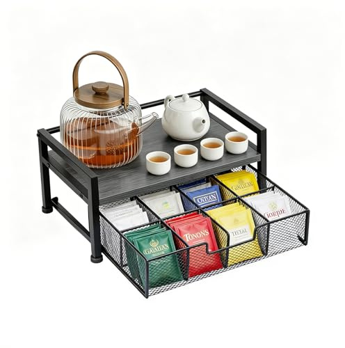 Yuecda Tea Bag Organizer, Wood Tea Organizers and Storage Chest, Teabag Holder with Storage Drawer,Tea Station Chest Display Container Box for Countertop Kitchen（Modern Gray）