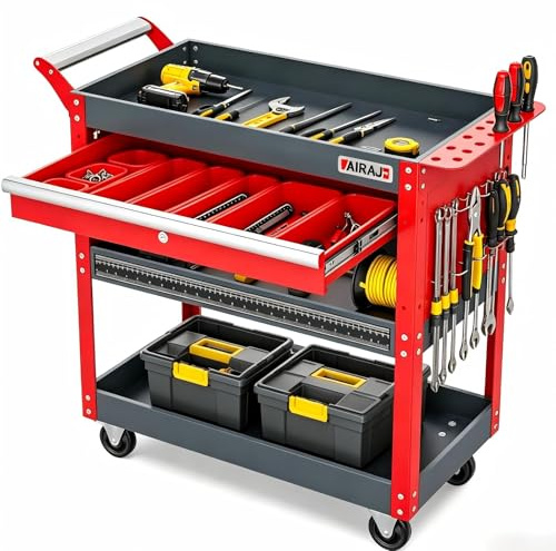 AIRAJ Red 3-Tier Rolling Cart with Drawer & Lockable Wheels