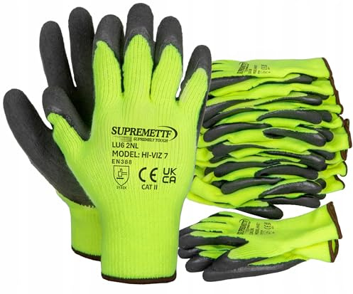 6 Pairs New HI VIZ Thermal Winter Latex Rubber Work Gloves Builders Gardening (Large)