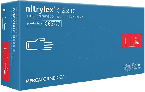 Nitrylex Classic Einweg-Nitrilhandschuhe, schützende Untersuchungshandschuhe, puderfrei, unsteril, Blau , Größe L (8-9), beidhändig tragbar, Mikro+strukturierte Fingerspitze, dispenser box 100 Stk