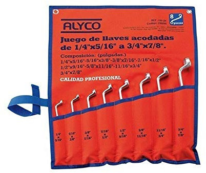 Alyco 190090 - Juego 8 llaves acodadas 2 bocas en pulgadas DIN 838 + bolsa de nylon