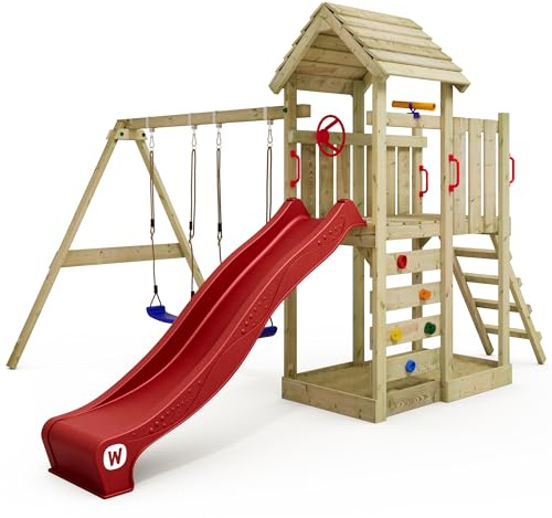WICKEY Wooden climbing frame MultiFlyer with wooden roof, swing set & red slide, Outdoor kids playhouse with sandpit, climbing ladder & play-accessories for the garden