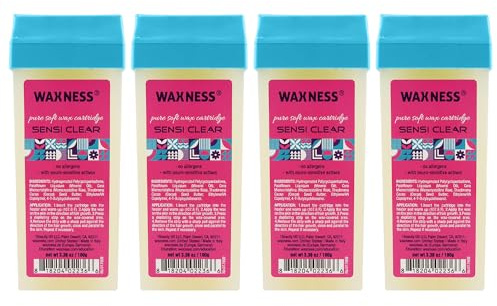 Waxness Sensi Clear Pure Soft Wax Cartridge Pack of 4 × 3.38 oz (100 g)– Rosin-Free Clear Gel Strip Wax with Neuro-Active Comfort Complex, Roll-On for Face & Body – Made in Italy
