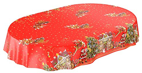 ANRO Wachstuchtischdecke Wachstuch Wachstischdecke Tischdecke Weihnachten Weihnachtsmann Rot Sterne Oval 200x140cm