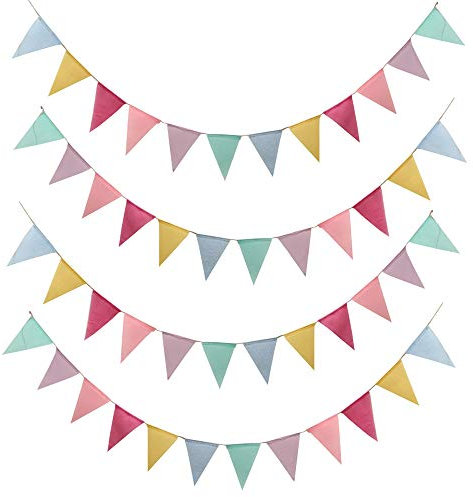 SERWOO 48pcs Guirnalda Banderas Banderines Arpillera de Imitación Pancarta Triángulo Multicolor Decoración Colgante de Boda Bautizo Fiesta Cumpleaños Navidad (4 Cadenas * 12 Banderas)