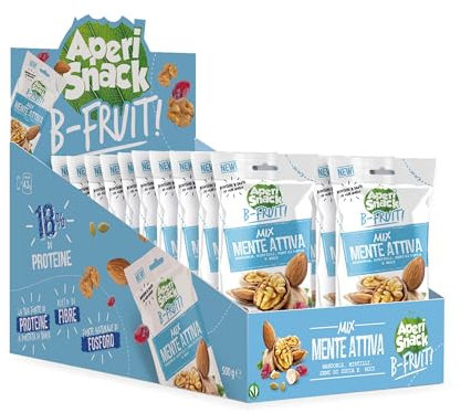 Aperisnack B-Fruit - APS02.005 Astuccio Slot Mix Mente Attiva - Mandorle, Mirtilli Rossi, Noci e Semi di Zucca. Frutta Secca 100% Naturale - 20 Pacchetti Monodose da 25 g